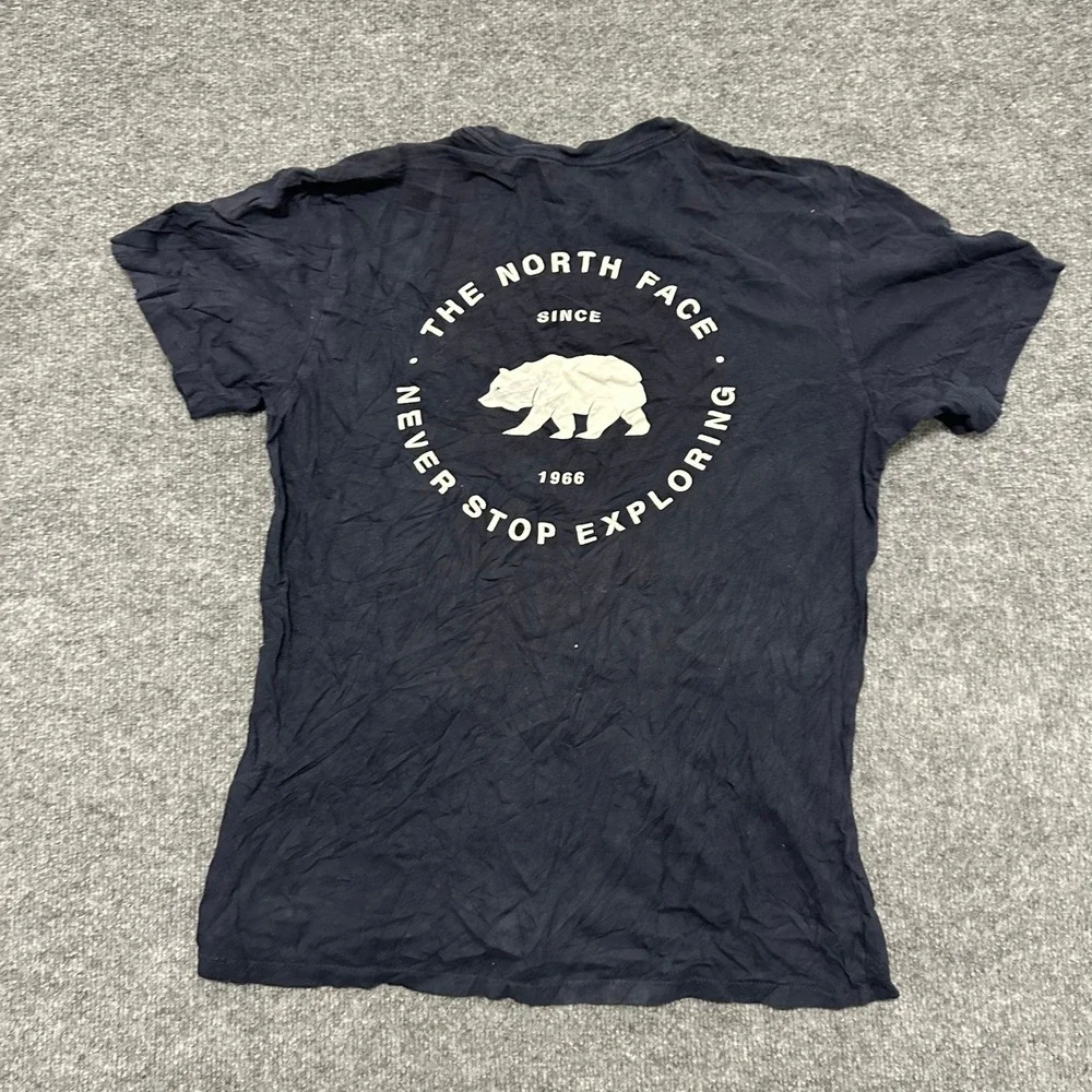 The North Face T-Shirt Mens Size M Navy Blue Bear Graphic Logo Distressed Hole